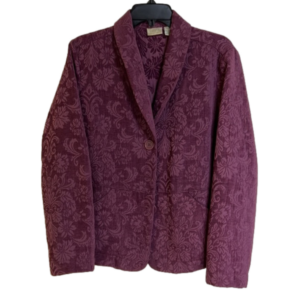 Erika Vintage Rose Pink Floral Print Embossed Button Up Blazer Jacket - Size Med